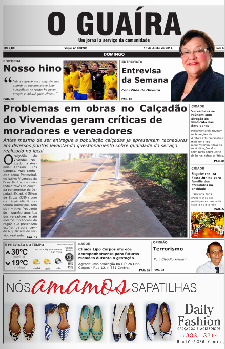 CAPA DO DIA JORNAL O GUAIRA 15 DE JUNHO DE 2014