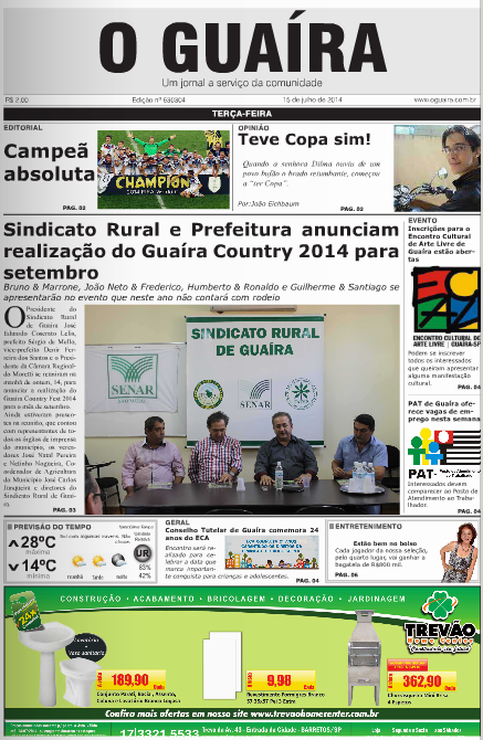 CAPA DE HOJE JORNAL O GUAIRA EDICAO DE 15 DE JULHO DE 2014