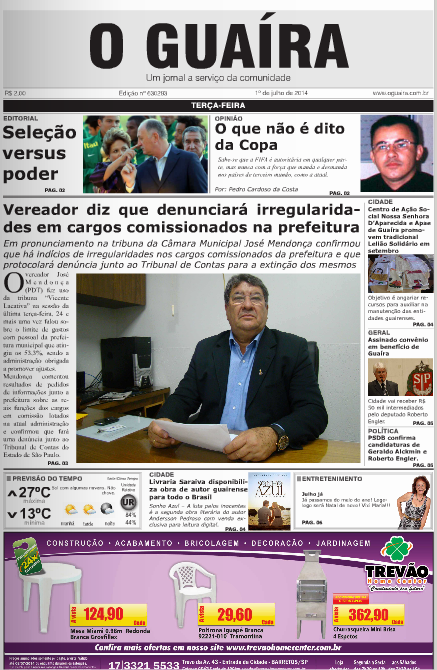 CAPA DO DIA JORNAL O GUAIRA EDICAO DE 1 DE JULHO DE 2014