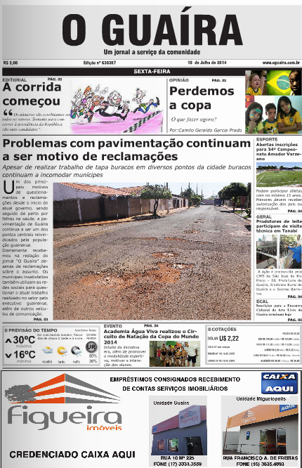 CAPA DO DIA JORNAL O GUAIRA EDICAO DE 18 DE JULHO DE 2014