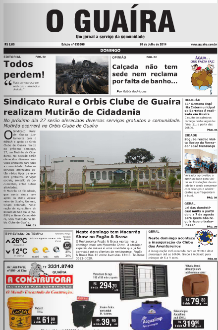 CAPA DO DIA JORNAL O GUAIRA EDICAO DE 20 DE JULHO DE 2014