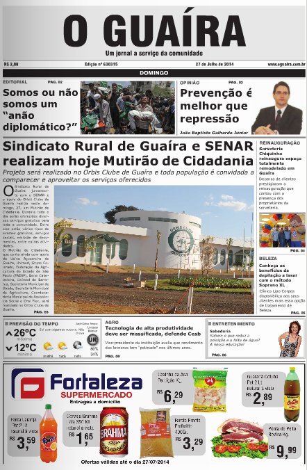 CAPA DO DIA JORNAL O GUAIRA EDICAO DE 27 DE JULHO DE 2014