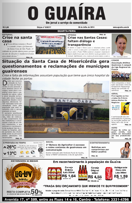 CAPA DO DIA JORNAL O GUAIRA EDICAO DE 30 DE JULHO DE 2014