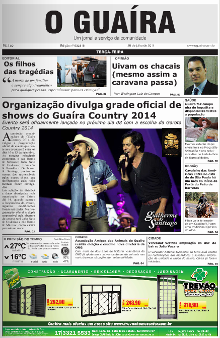 CAPA DO DIA JORNAL O GUAIRA EDIÇÃO DE 28 DE JULHO DE 2014