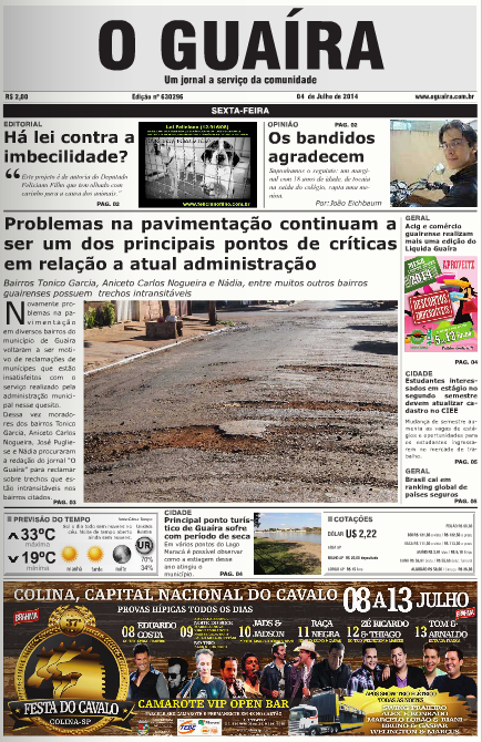 capa do dia jornal o guaira edicao de 4 de julho de 2014