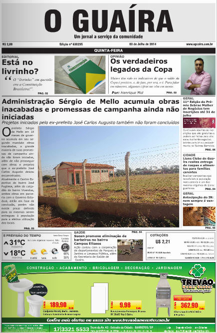 capa do dia jornal o guaira edicao de 3 de julho de 2014
