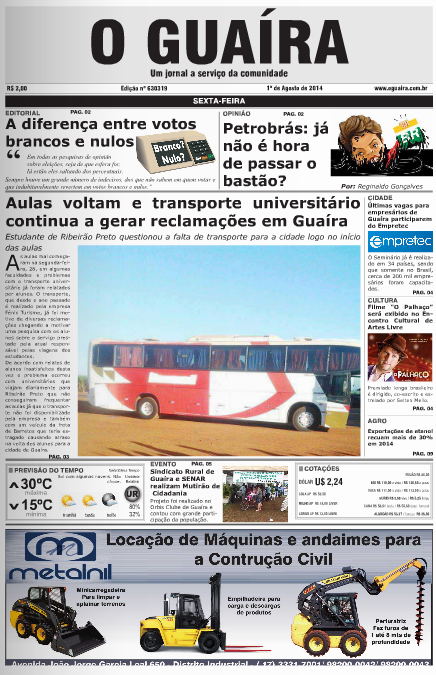 CAPA DO DIA JORNAL O GUAIRA 1 DE AGOSTO DE 2014