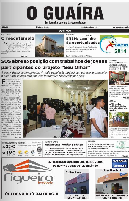 CAPA DO DIA JORNAL O GUAIRA EDICAO DE 03 DE AGOSTO DE 2014