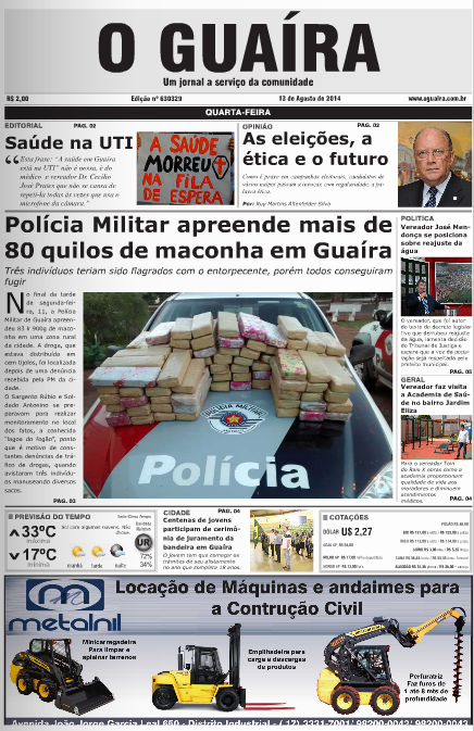 CAPA DO DIA JORNAL O GUAIRA EDICAO DE 13 DE AGOSTO DE 2014