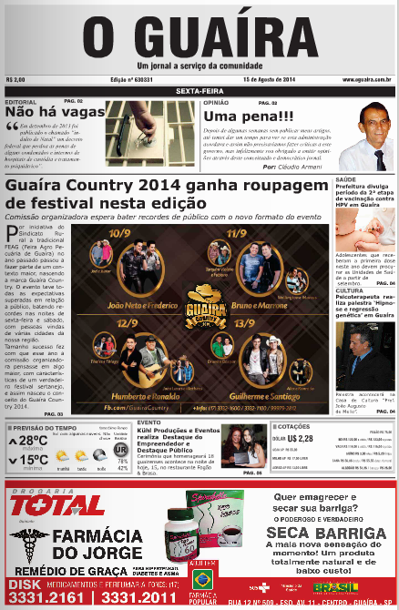 CAPA DO DIA JORNAL O GUAIRA EDICAO DE 15 DE AGOSTO DE 2014