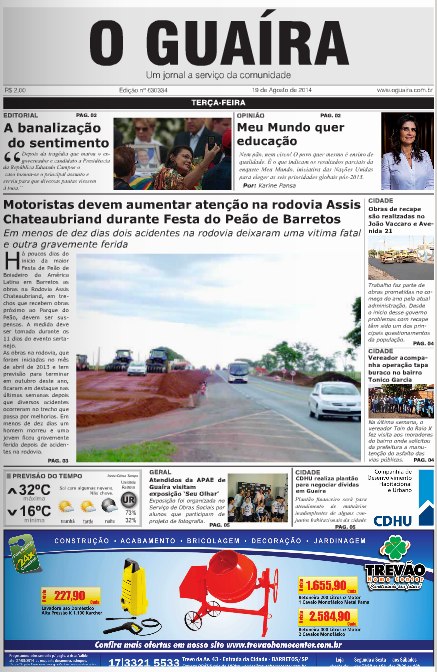 CAPA DO DIA JORNAL O GUAIRA EDICAO DE 19 DE AGOSTO DE 2014