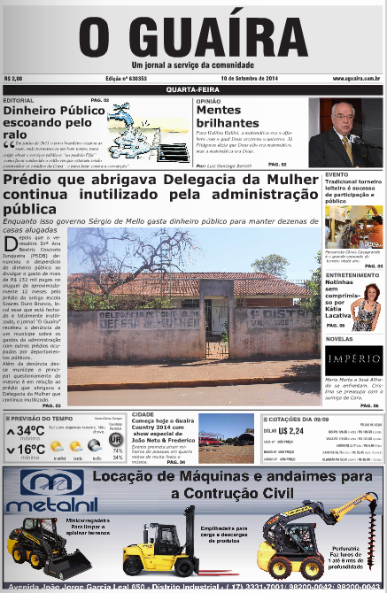 CAPA DO DIA JORNAL O GUAIRA EDICAO DE 10 DE SETEMBRO DE 2014