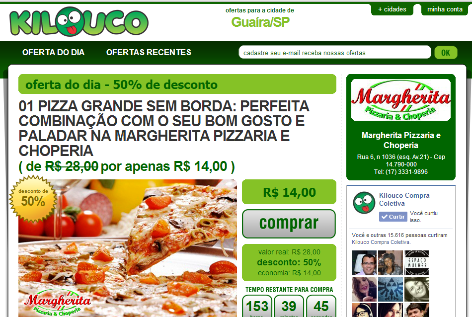A famosa pizza da Pizzaria Margherita ao preço de R$ 14 só no site KILOUCO