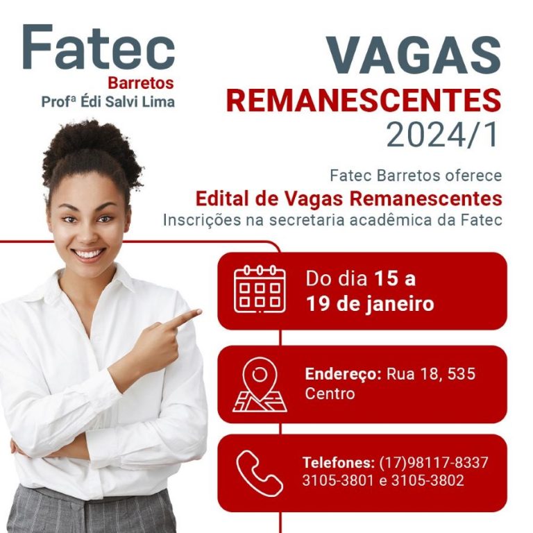 Fatec Barretos oferece vagas remanescentes para o 1º semestre de 2024