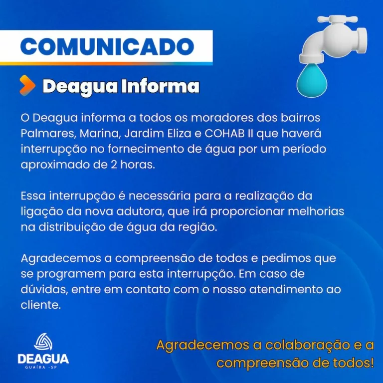 Guaíra: Comunicado do DEAGUA aos moradores dos bairros Palmares, Marina, Jardim Eliza e COHAB II