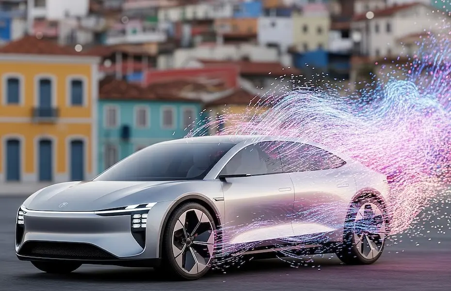 Um carro elétrico moderno, futurista, parcialmente envolto por uma nuvem de dados coloridos, com um cenário urbano brasileiro desfocado ao fundo, representando a conectividade dos veículos e a questão da privacidade no Brasil.