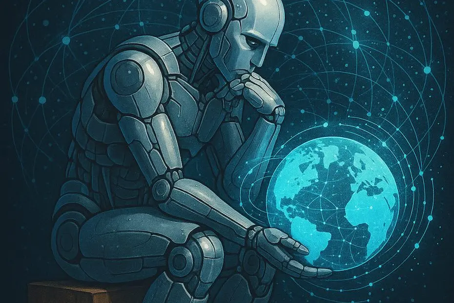 Ilustração de IA representada como um robô pensador refletindo sobre o futuro da humanidade.