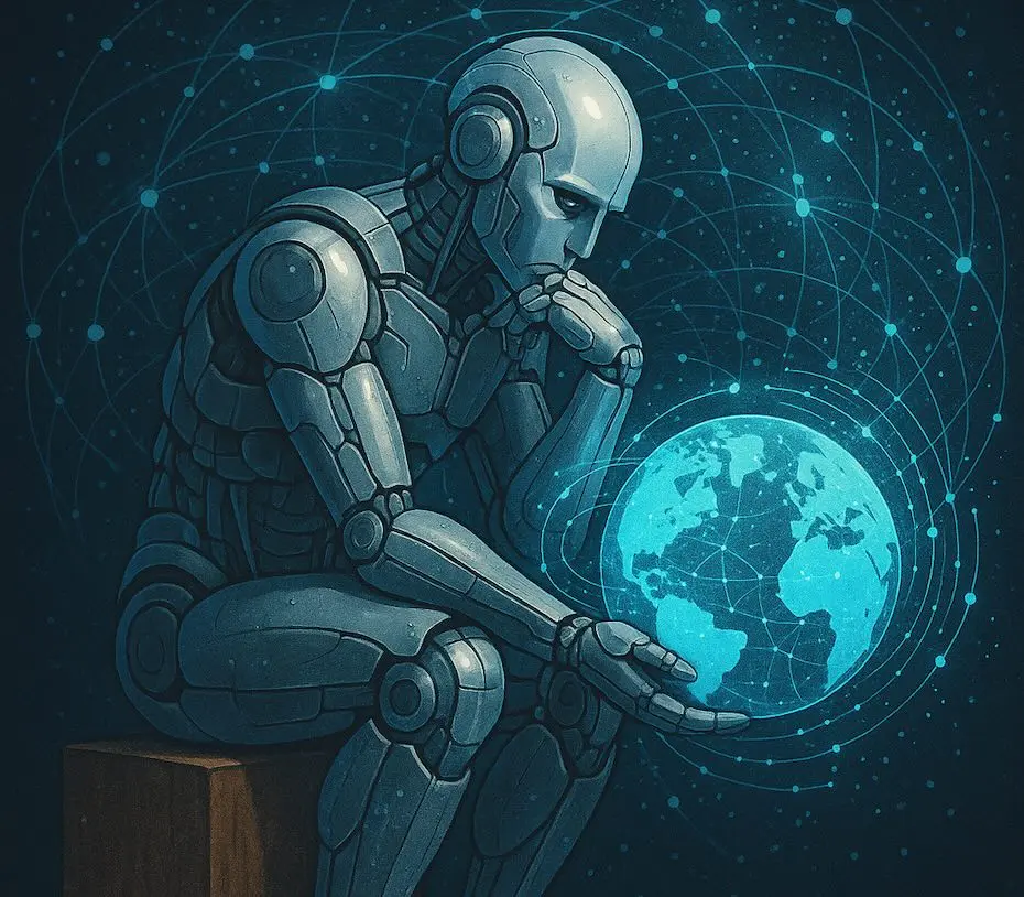Ilustração de IA representada como um robô pensador refletindo sobre o futuro da humanidade.