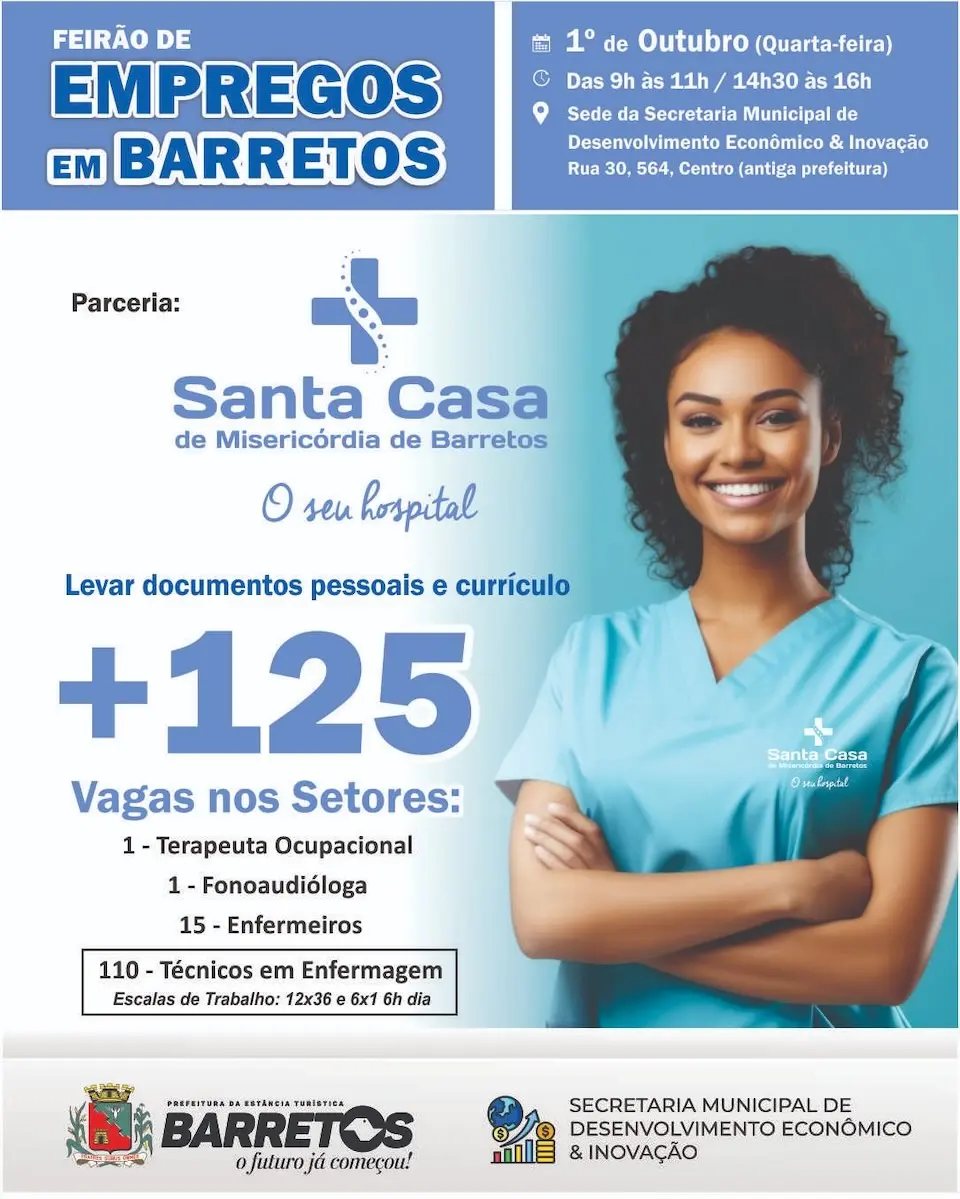 Feirão de Empregos em parceria com a Santa Casa oferece mais de 125 vagas no dia 1º
