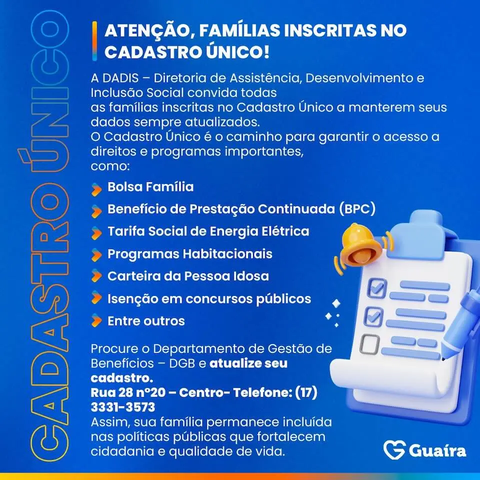 Prefeitura de Guaíra convoca famílias do Cadastro Único para atualização de dados