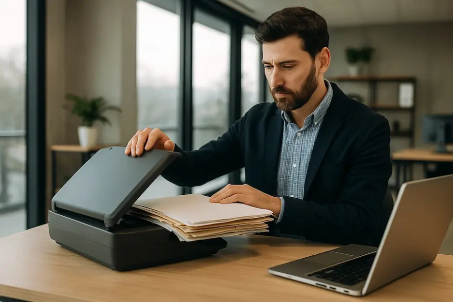 rofissional digitalizando documentos em escritório moderno