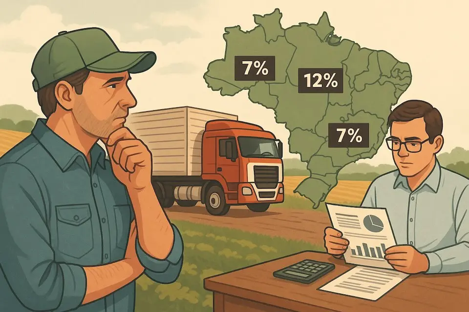 Produtor rural e contador analisando crédito de ICMS em vendas interestaduais no agronegócio