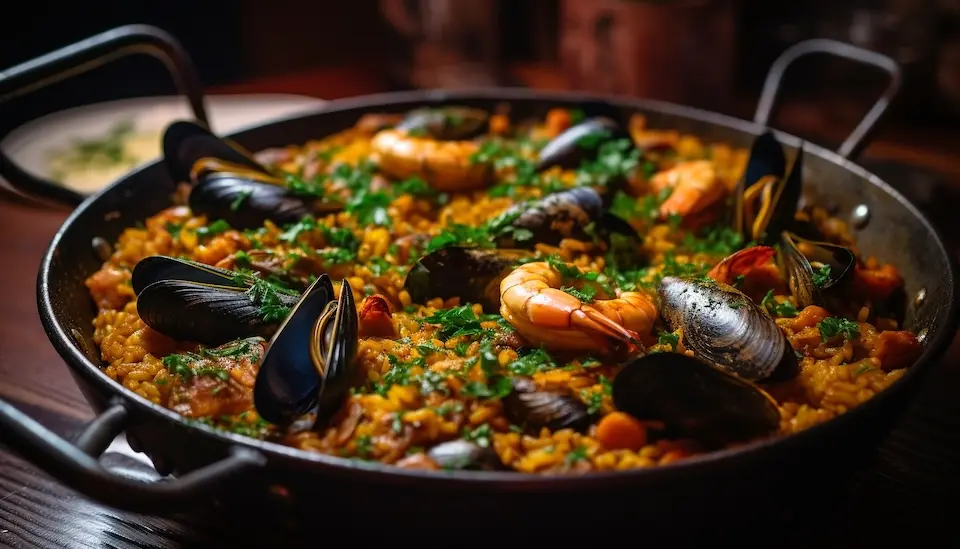 Paella gourmet com frutos do mar, fresca e saudável, gerada por inteligência artificial.