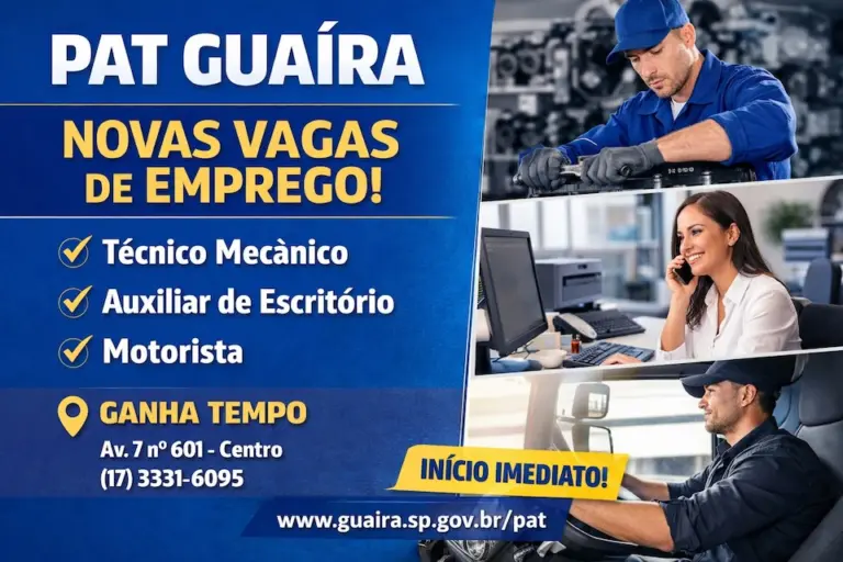 PAT de Guaíra abre novas vagas de emprego para motorista, técnico mecânico e auxiliar de escritório