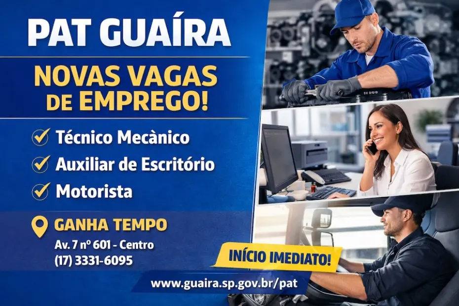 PAT de Guaíra abre novas vagas de emprego para motorista, técnico mecânico e auxiliar de escritório