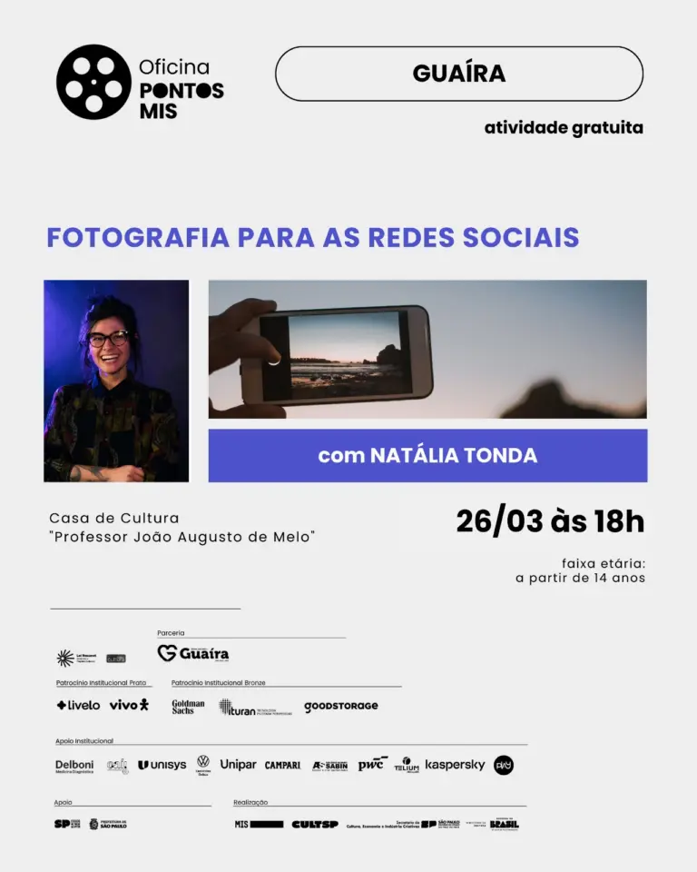 Últimas vagas: Cultura segue com inscrições abertas para oficina gratuita de fotografia do Ponto MIS