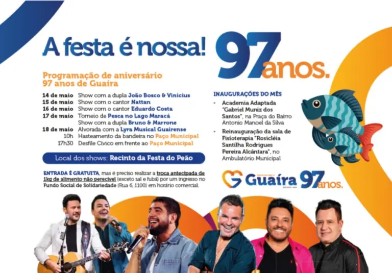 Guaíra dá start na contagem regressiva para seus 97 anos com shows gratuitos