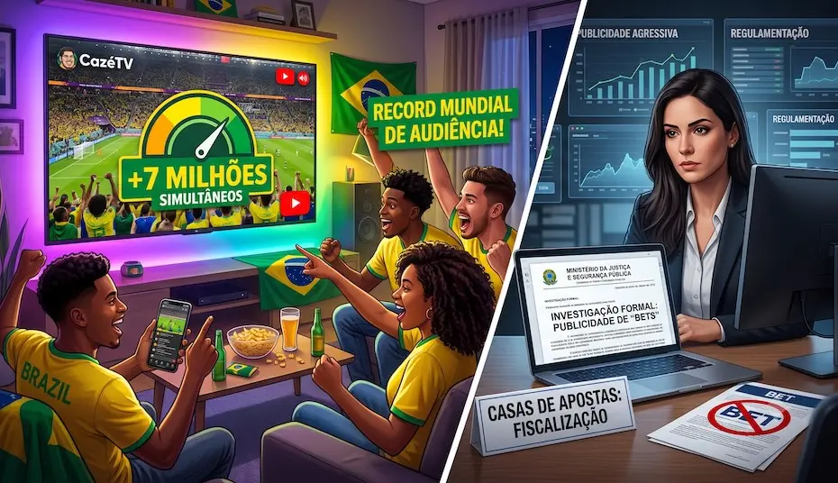 Torcida assistindo CazéTV na televisão e painel de investigação do governo sobre publicidade de bets.