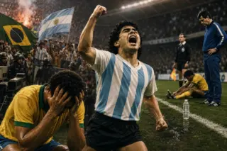 Jogador argentino comemora diante de brasileiros em imagem ilustrativa sobre as polêmicas das Copas de 1978 e 1990