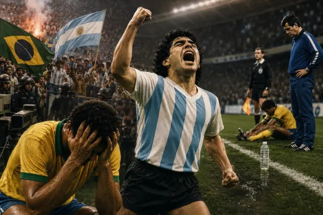Jogador argentino comemora diante de brasileiros em imagem ilustrativa sobre as polêmicas das Copas de 1978 e 1990