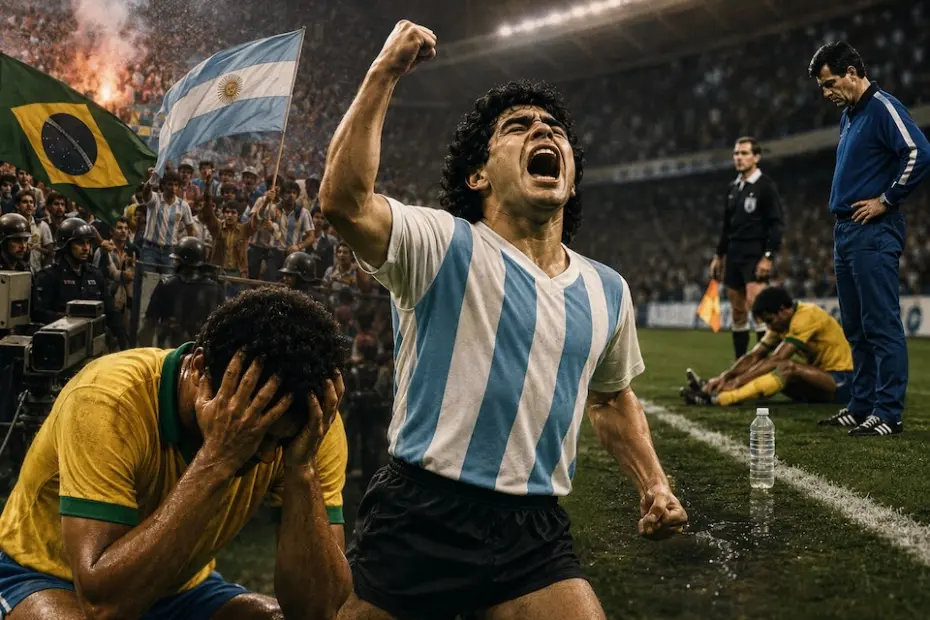 Jogador argentino comemora diante de brasileiros em imagem ilustrativa sobre as polêmicas das Copas de 1978 e 1990