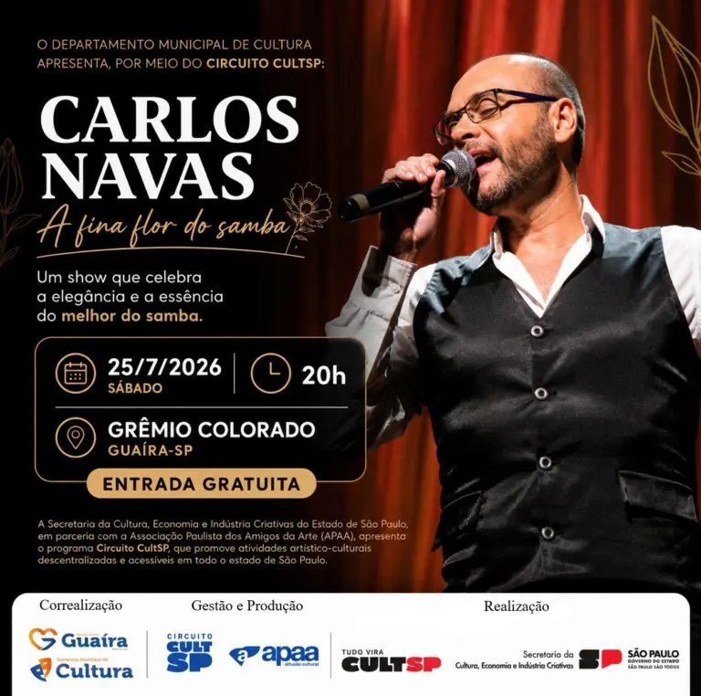 Carlos Navas apresenta “A Fina Flor do Samba” em espetáculo gratuito em Guaíra