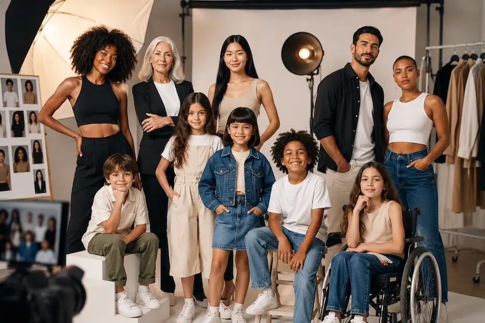 Grupo de modelos adultos e crianças em estúdio fotográfico durante sessão para campanha de moda e publicidade, representando diversidade e inclusão.