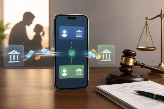 Pix Pensão representado por transferência bancária automática e símbolos da Justiça