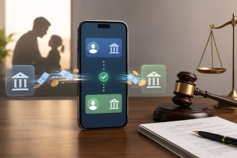 Pix Pensão representado por transferência bancária automática e símbolos da Justiça