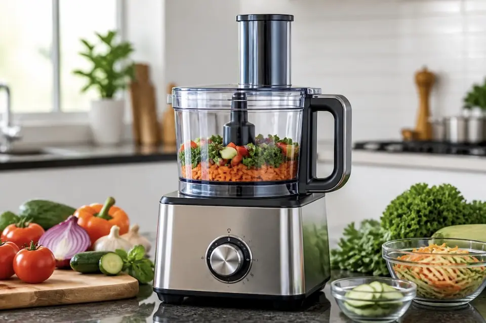 Processador de alimentos com legumes frescos em uma cozinha moderna