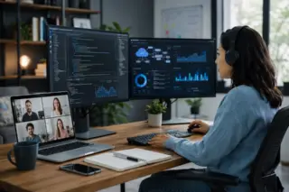 Profissional de tecnologia trabalhando remotamente com códigos, gráficos de dados e reunião por vídeo.