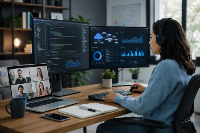 Profissional de tecnologia trabalhando remotamente com códigos, gráficos de dados e reunião por vídeo.