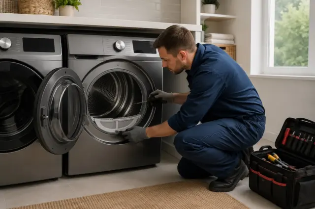 Técnico especializado realizando manutenção em secadora de roupas