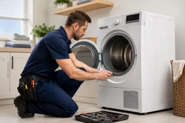 Técnico especializado realizando manutenção em secadora de roupas em uma lavanderia residencial