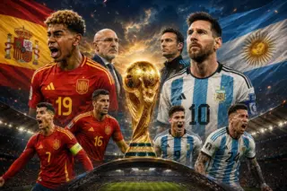 Jogadores de Espanha e Argentina diante da taça em imagem ilustrativa da final da Copa do Mundo de 2026