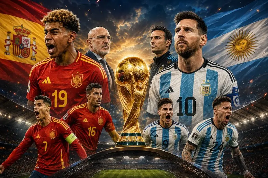Jogadores de Espanha e Argentina diante da taça em imagem ilustrativa da final da Copa do Mundo de 2026
