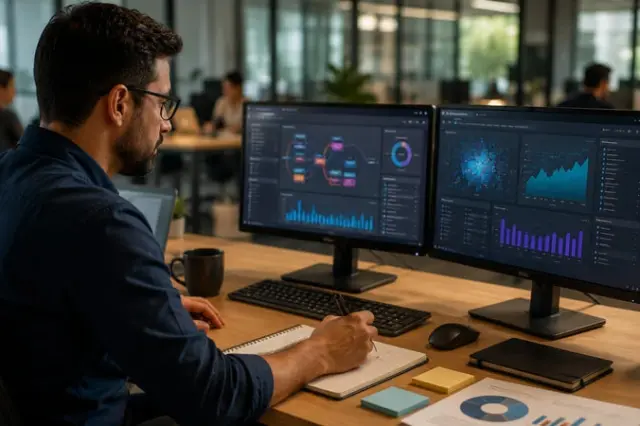 Profissional utiliza ferramentas digitais e analisa dados em ambiente de trabalho