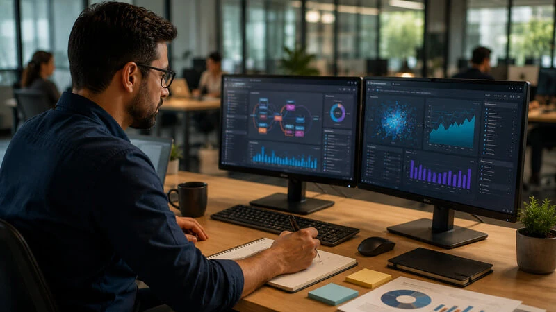 Profissional utiliza ferramentas digitais e analisa dados em ambiente de trabalho