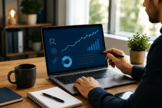 Profissional analisando gráficos de desempenho, tráfego orgânico e resultados de SEO em um notebook