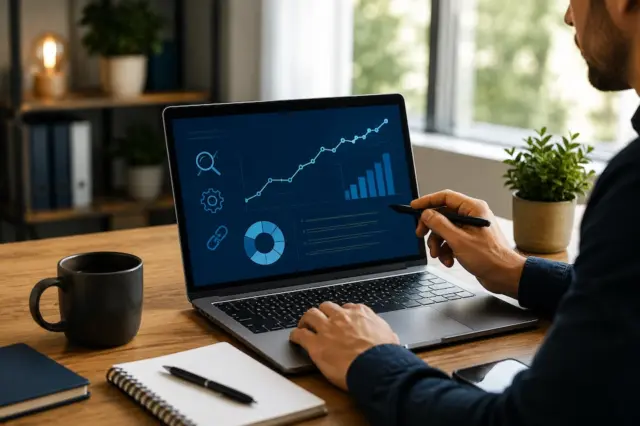 Profissional analisando gráficos de desempenho, tráfego orgânico e resultados de SEO em um notebook